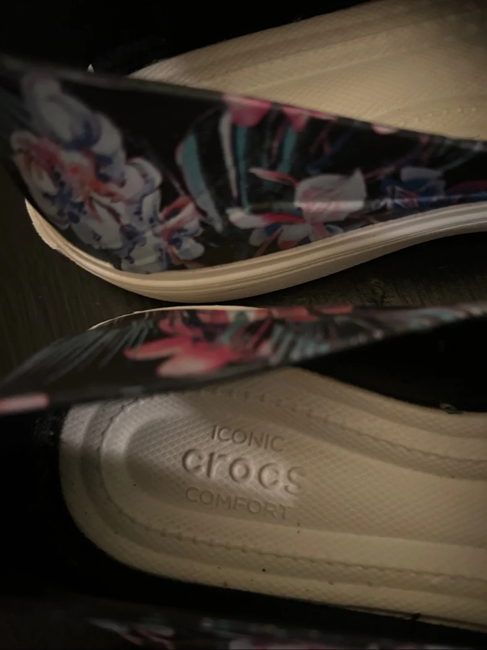 CROCS Black Floral Slip-On Flats with Pink & Blue Accents